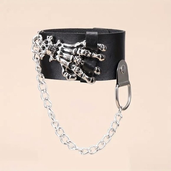 Cuff bracelet Skull & Bone Leather Hand Chain Wrist Bangle Goth Edgy Rock Biker - Picture 2 of 6